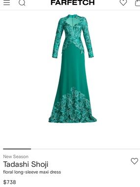 Tadashi Shoji EmarLd Floral Appliqué Long-Sleeve Gown Sz 18